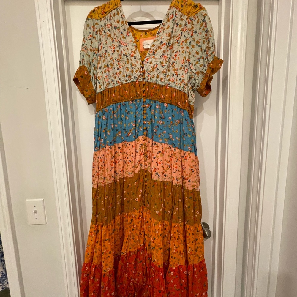 Anthropologie Cream and Blue Tiered Maxi Sundress